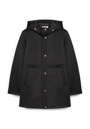 Manteau noir en matériau lisse et mat. Comprend une capuche, des boutons-pression et deux poches latérales. Design simple à coupe droite sans motifs.