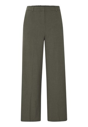 Pantalones de pierna ancha en tela verde oliva oscuro, con una cinturilla suave y una textura lisa con detalles de costura mínimos.