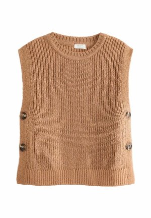 Chaleco de punto beige con textura acanalada, cuello redondo y detalles de botones en el costado. Mangas cortas y diseño corto.
