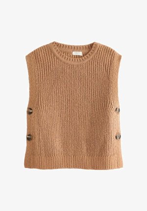 Beige gebreide sweatervest met een ribbeltextuur, ronde halslijn en knoopaccenten aan de zijkant. Korte mouwen en een cropped design.