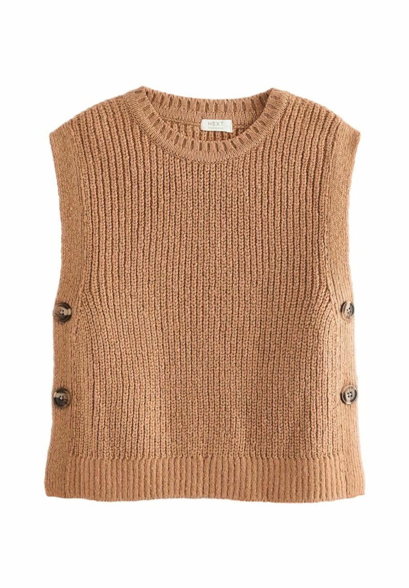 Gilet in maglia color tan con una texture a costine, scollo rotondo e dettagli con bottoni laterali. Maniche corte e design cropped.