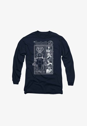 Navy long-sleeve shirt featuring white graphic design of a robot figure and four character illustrations with technical blueprint details.