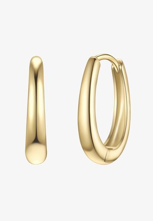 Goldene Creolen mit einem glatten, abgerundeten Design. Ein Ohrclip zeigt einen Scharnierverschluss, während der andere ein nahtloses, poliertes Finish aufweist.