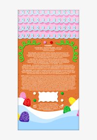 Eyeliner-Vault-Box mit einem braunen Lebkuchenhintergrund, pinkem und blauem Zuckergussdesign sowie bunten Süßigkeitenverzierungen am unteren Rand.