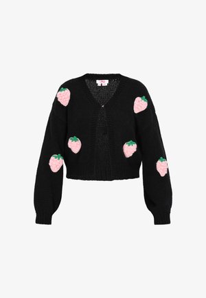Sort strikket cardigan med en cropped design, der har lyserøde jordbærmotiver. Den har en dyb V-hals og lange ærmer med ribbede manchetter.