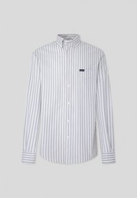 Witte lange mouwen shirt met dunne verticale strepen in marineblauw en bordeauxrood. Bevat een button-down kraag en een borstzak met logo-label.