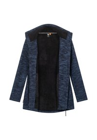 Veste polaire bleue zippée avec doublure en peluche noire, manches longues et capuche, présentée à plat avec le devant ouvert.