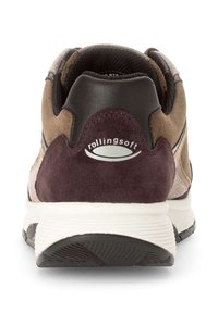 Brown suede and leather sneaker with a maroon heel counter, layered material design, rounded shape, and textured rubber sole.