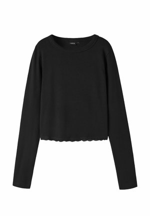 Crop top noir à manches longues côtelé avec encolure ronde et détail subtil d'ourlet festonné.