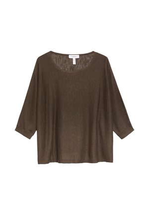 Brązowy luźny sweter z trójkątnymi rękawami do łokcia i okrągłym dekoltem, z metką „Comma” umieszczoną wewnątrz kołnierza.