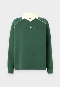 Pulôver verde de mangas compridas com gola creme, punhos canelados e texto "NIKE" com logótipo em destaque no peito.