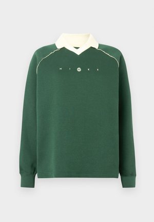 Pulôver verde de mangas compridas com gola creme, punhos canelados e texto "NIKE" com logótipo em destaque no peito.