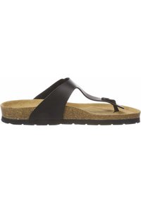 Infradito in pelle nera con suola in sughero, caratterizzate da una suola testurizzata e un design con cinturini larghi per comfort e supporto.