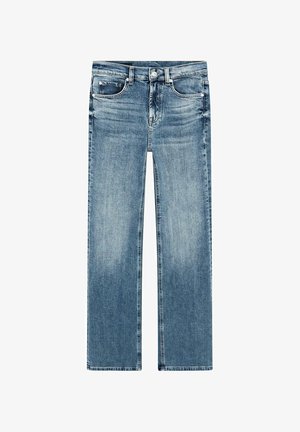 Hellblaue Jeans aus Denim mit geradem Bein, ausgestattet mit Knopf- und Reißverschluss, fünf Taschen und dezenter Verwaschung im Stoff.