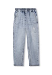 Pantalons en denim bleu clair avec un ourlet retroussé, taille élastique, deux poches latérales, et "NO WAY" en clous argentés sur la jambe droite.