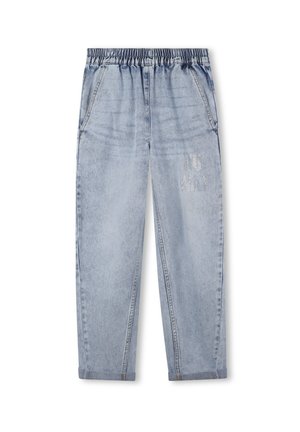 Light blue denim pants with a cuffed hem, elastic waistband, two side pockets, and “NO WAY” in silver studs on the right leg.