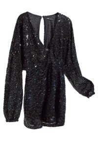 Robe mini noire à manches longues avec décolleté en V, entièrement recouverte de sequins brillants, avec une ouverture en forme de goutte au dos fermée par un bouton.