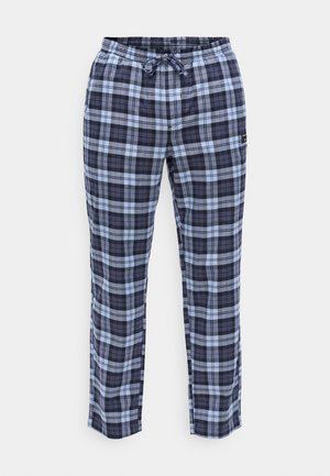 Pantalones de pijama em padrão quadrado em azul-marinho, azul-claro e cinza, com uma cintura elástica e detalhe de cordão.