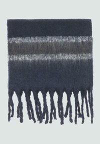 Marineblauwe wollen sjaal met twee grijs-witte gestreepte patronen. Voorzien van franjes langs de onderrand, zachte, gestructureerde afwerking.