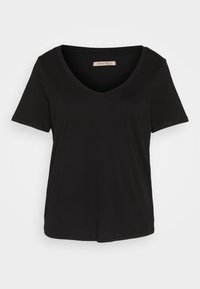 T-shirt noir à manches courtes col V, coupe régulière, en tissu doux, présenté sur un fond gris clair uni.