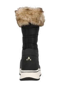Svart isolerad vinterstövel med en fuskpälskrage. Har en sydd design, vit sula med svarta accenter och en logotyp på hälen.