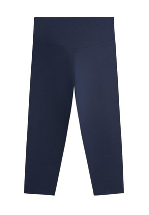 Leggings a vita alta di colore blu navy, taglio corto, con una fascia larga in vita e un design liscio e senza cuciture.