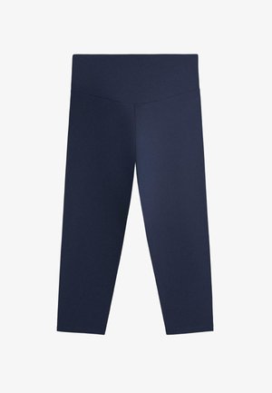 Leggings a vita alta di colore blu navy, taglio corto, con una fascia larga in vita e un design liscio e senza cuciture.