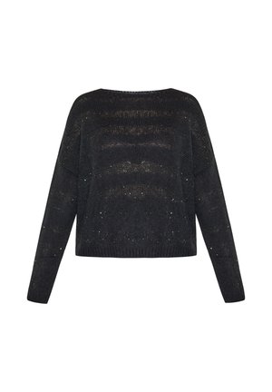 Zwarte gebreide trui met een boxy vorm, lange mouwen en een textuurpatroon. Kleine metallic accenten voegen subtiele details toe.