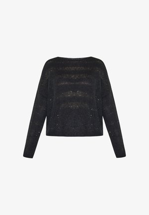 Zwarte gebreide trui met een boxy vorm, lange mouwen en een textuurpatroon. Kleine metallic accenten voegen subtiele details toe.