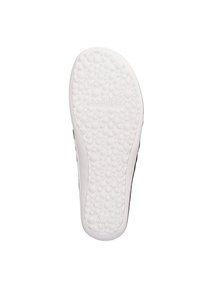 White rubber outsole with textured floral pattern, featuring the brand name. Narrow black side edges. Suitable for casual footwear.