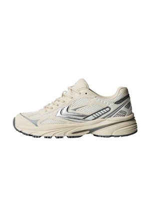 Beige athletic shoe with mesh upper, silver accents, cushioned sole, and textured rubber outsole. Features lace-up closure and supportive design.