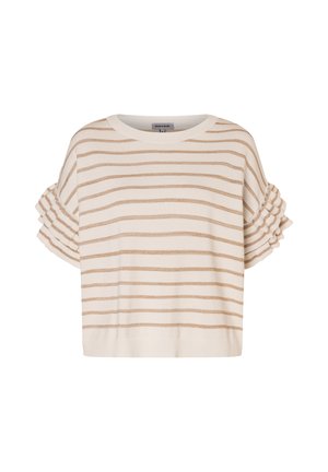 Cremiger Kurzarmpullover mit horizontalen beigen Streifen und geschichteten Rüschendetails an den Ärmeln sowie geripptem Saum und Halsausschnitt.