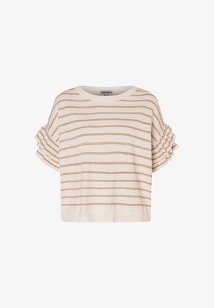 Cremiger Kurzarmpullover mit horizontalen beigen Streifen und geschichteten Rüschendetails an den Ärmeln sowie geripptem Saum und Halsausschnitt.