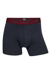Donkerblauwe boxershorts met een bordeauxrood elastische tailleband waarop de merknaam "JBS" in grijs staat. Zacht materiaal met een gevormd zakontwerp.