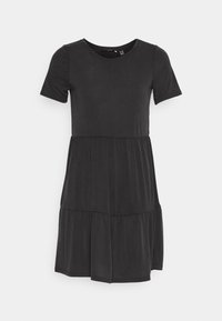 Vestido preto com mangas curtas, decote redondo e saia em camadas. Feito de um tecido liso e elástico; apresenta um design simples e descontraído.