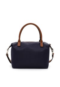 Borsa blu navy di forma rettangolare, con dettagli e manici in pelle marrone e una tracolla regolabile. Tessuto texturizzato.