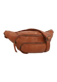 Brown leather fanny pack with a textured finish. Features two zippered compartments and an adjustable strap for a secure fit.