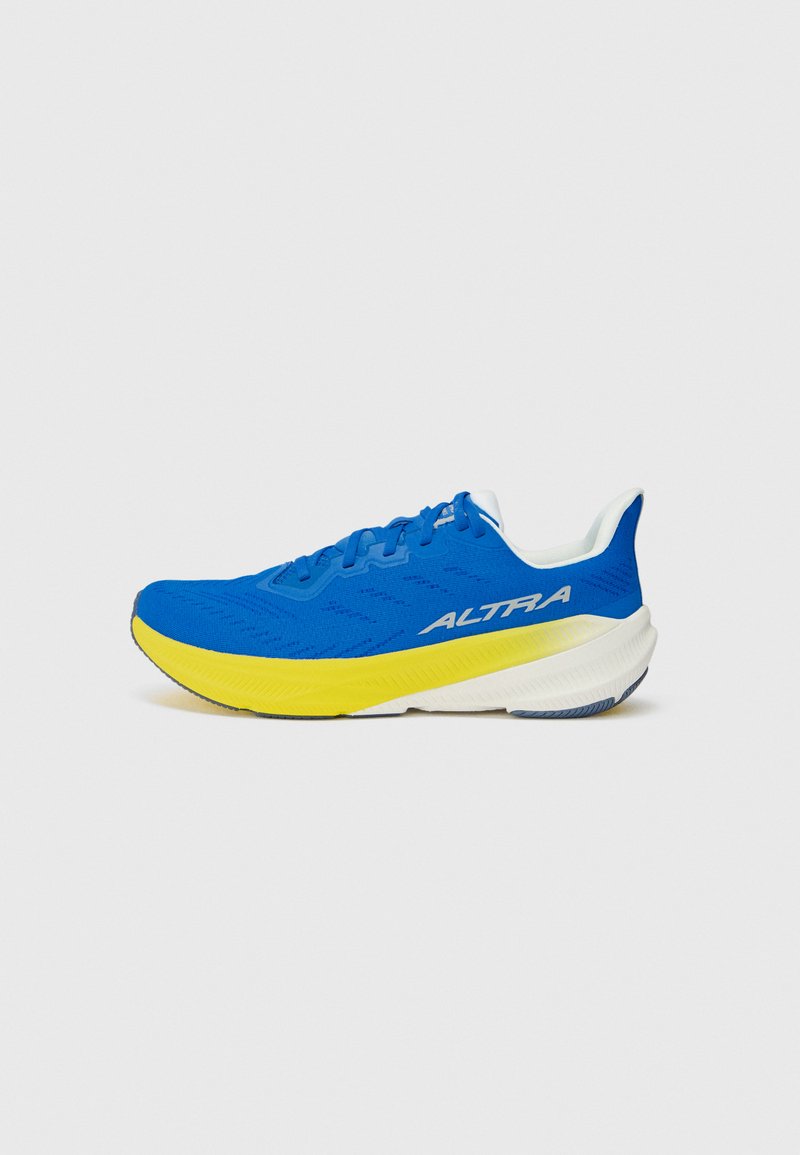 Blue athletic shoe with a textured mesh upper, yellow midsole, and white accents. Features a cushioned sole and is lightweight.