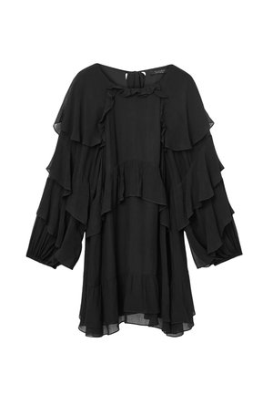 Vestito nero realizzato in tessuto leggero con volant stratificati, maniche lunghe e voluminose, e un dettaglio con apertura a chiave sulla schiena. Finitura testurizzata.