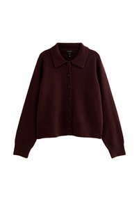 Ciemnobrązowy kardigan zapinany na guziki z długimi rękawami i szerokim kołnierzem, wykonany z miękkiej dzianiny.