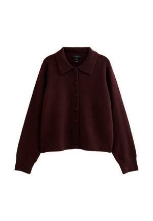 Gilet boutonné marron foncé avec des manches longues et un large col, fabriqué en tissu tricoté doux.