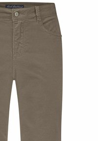 Beige corduroy broek met een ritssluiting aan de voorkant, decoratieve zakken en een subtiele textuur. Voorzien van een merklabel op de tailleband.