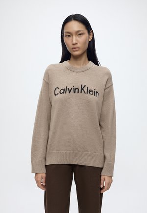 Donna con lunghi capelli neri indossa un maglione beige Calvin Klein e pantaloni marroni, in piedi davanti a uno sfondo chiaro e uniforme.