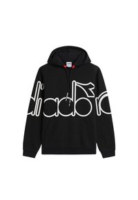 Felpa nera con cappuccio in misto cotone, caratterizzata da un grande logo bianco sulla parte anteriore, cappuccio regolabile con cordino e tasca a marsupio frontale.
