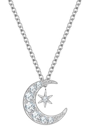 Silberne Halskette mit einem Halbmond-Anhänger, der mit klaren Edelsteinen und einem kleinen Sterncharme verziert ist, verbunden durch eine Kette.
