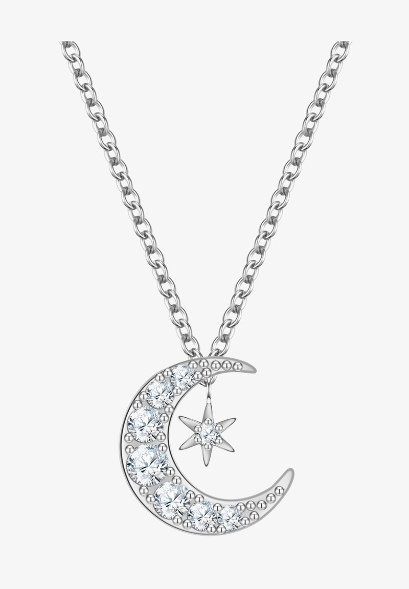 Collier en argent avec un pendentif en forme de lune croissante orné de pierres précieuses claires et d'un petit charm étoile, reliés par une chaîne.