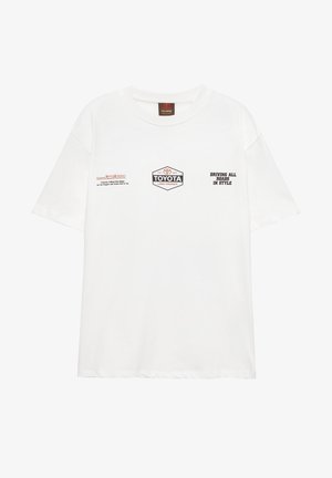 Wit katoenen T-shirt met Toyota-logo. Voorzien van bedrukt tekst en logo's aan de voorkant, met een comfortabele pasvorm en een ronde hals.