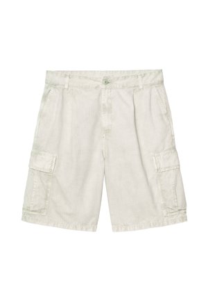 Pantaloncini cargo beige chiaro con passanti per cintura, due tasche laterali frontali e due grandi tasche con patta su ogni gamba.