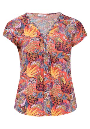 Damska bluzka z krótkim rękawem i dekoltem w serek, z żywym wzorem kwiatów i liści w odcieniach pomarańczowym, żółtym, fioletowym i niebieskim.