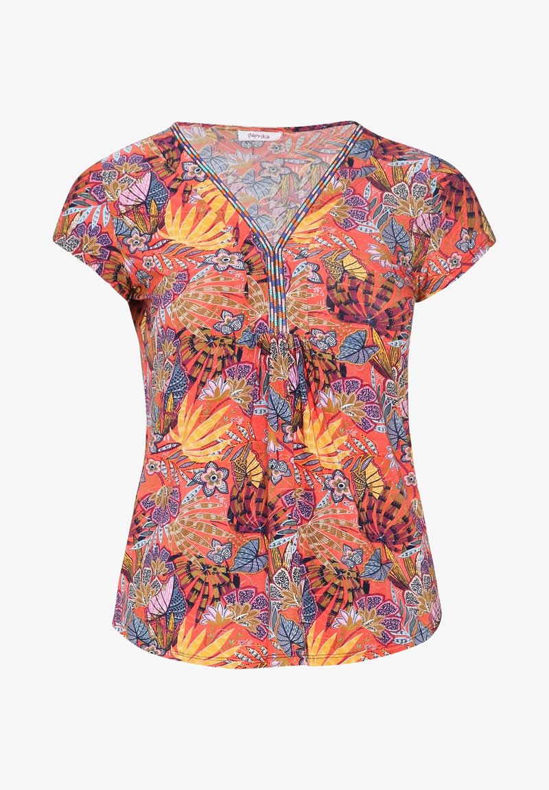 Dames top met korte mouwen en V-hals, met een levendig bloemen- en bladpatroon in oranje, geel, paars en blauwtinten.